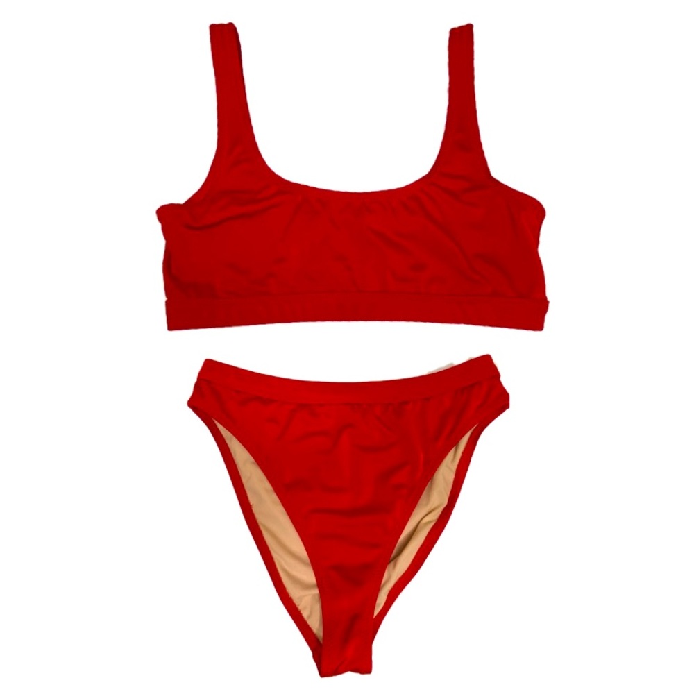 DIXPERFECT Laguna Low Scoop Crop Top High Cut Cheeky Bottom Bikini Set Red Sz L - Picture 4 of 6